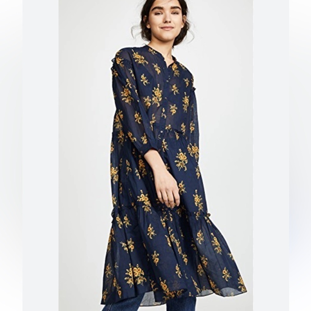MiH Jeans Anthropologie Lyra Floral Midi Dress Navy Cotton Cottagecore Boho